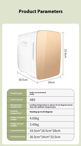 Compact beige and white mini fridge with ABS material, modern design, and detailed size chart