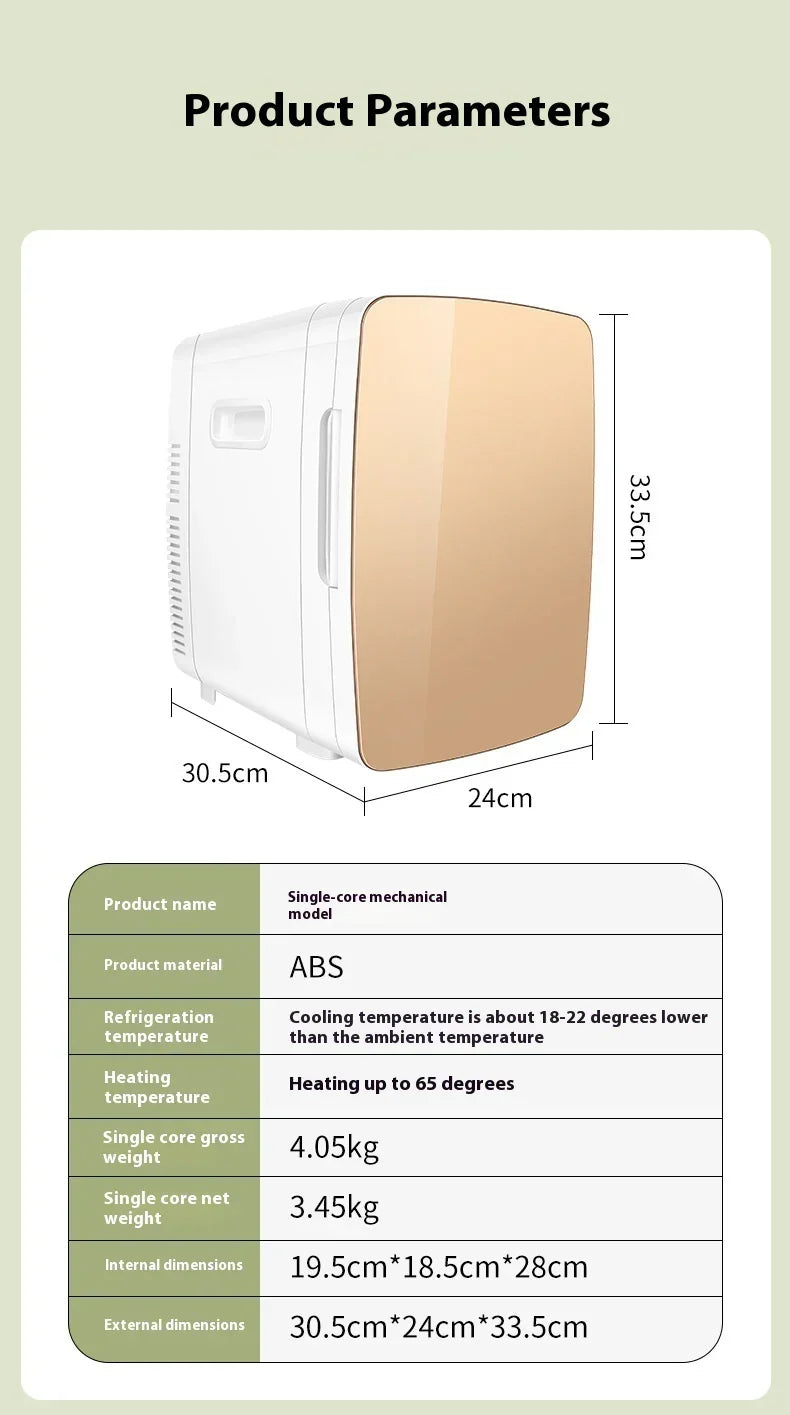 Compact beige and white mini fridge with ABS material, modern design, and detailed size chart