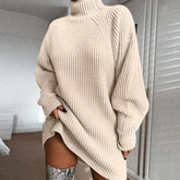 Beige ribbed knit turtleneck sweater dress with relaxed fit and long sleeves