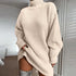 Beige ribbed knit turtleneck sweater dress with relaxed fit and long sleeves