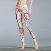 Colorful high-waisted stretch leggings with ornate floral and bird print, slim fit