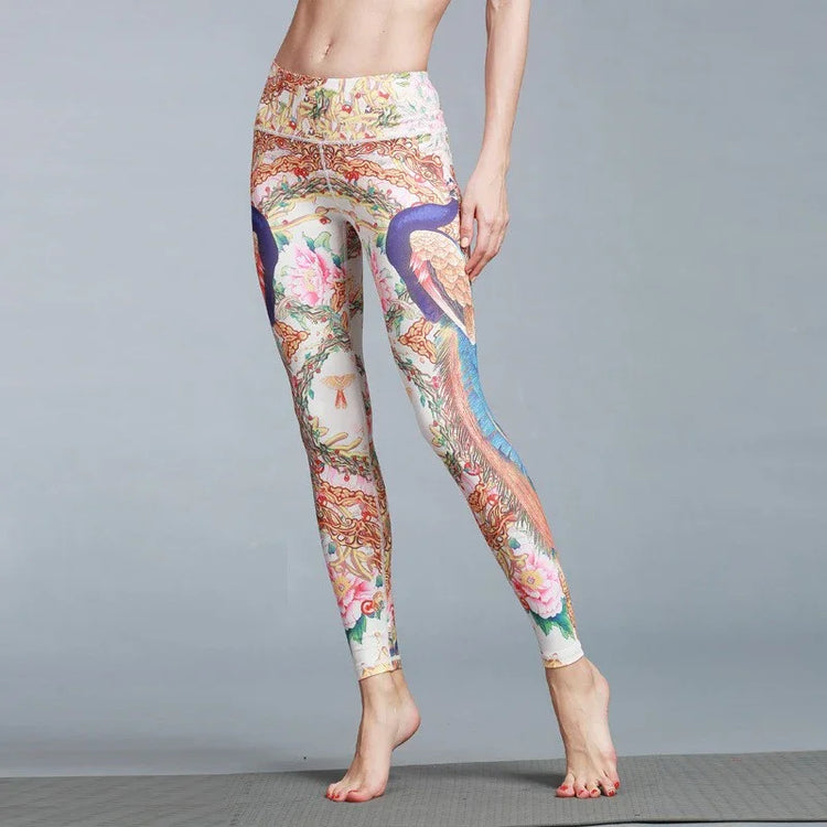 Colorful high-waisted stretch leggings with ornate floral and bird print, slim fit