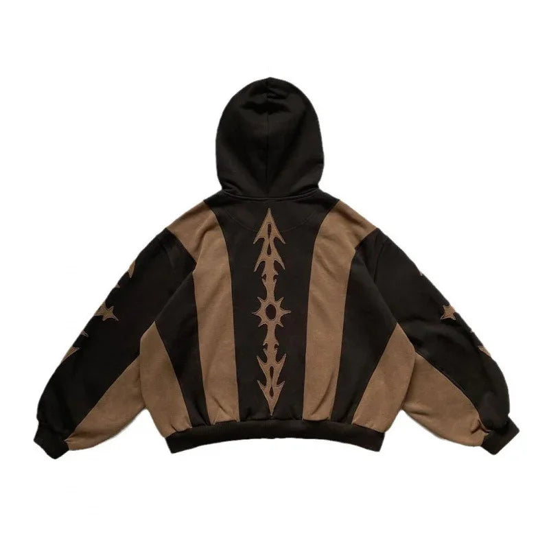 Oversized black and brown hoodie with bold graphic patterns and wide sleeves, relaxed fit.