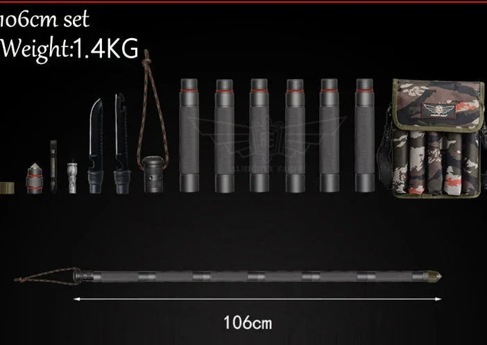 Outdoor tactical tool set with black modular rod, knives, camo carrying case, 106cm length.