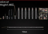 Outdoor tactical tool set with black modular rod, knives, camo carrying case, 106cm length.