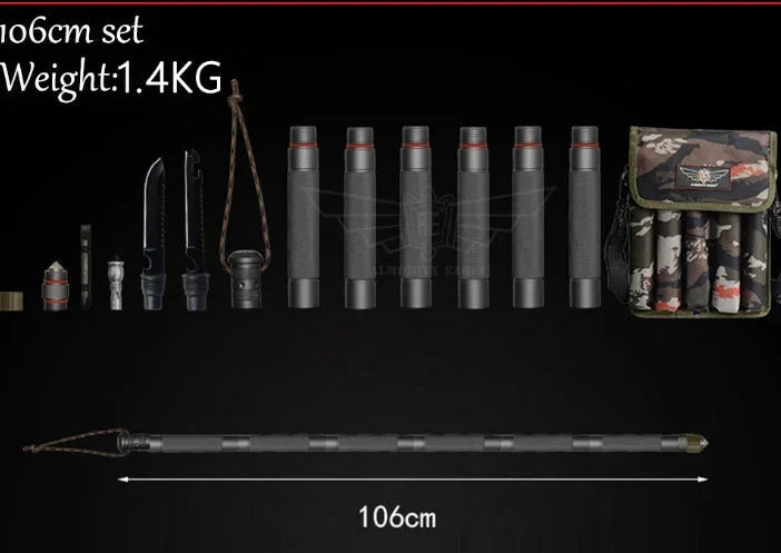 Outdoor tactical tool set with black modular rod, knives, camo carrying case, 106cm length.