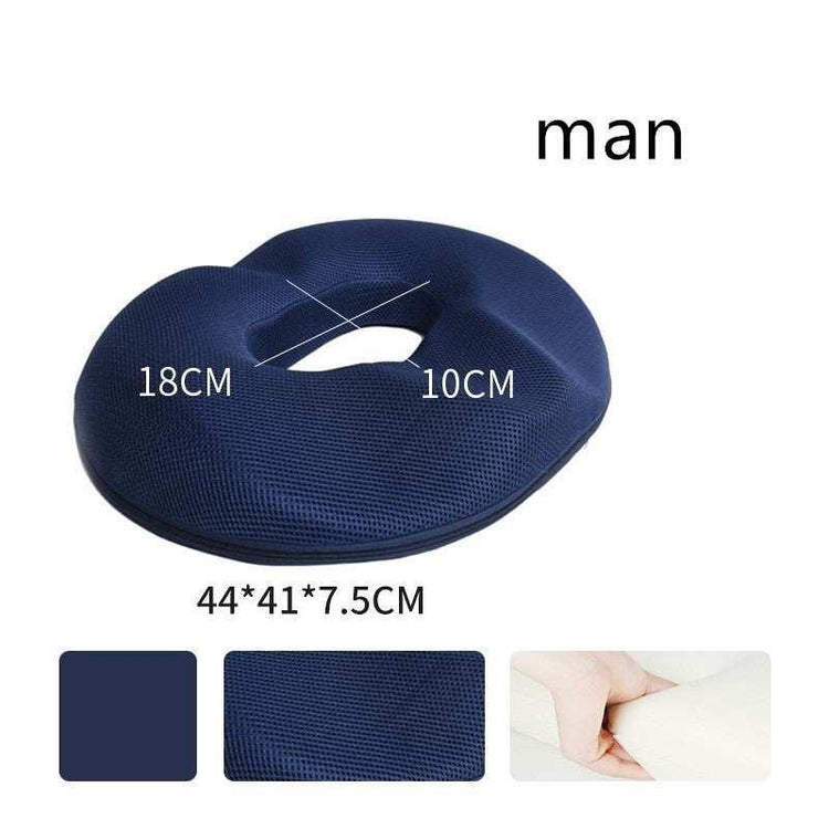 Navy blue donut-shaped seat cushion, breathable mesh fabric, ergonomic design, memory foam, 44x41x7.5cm.