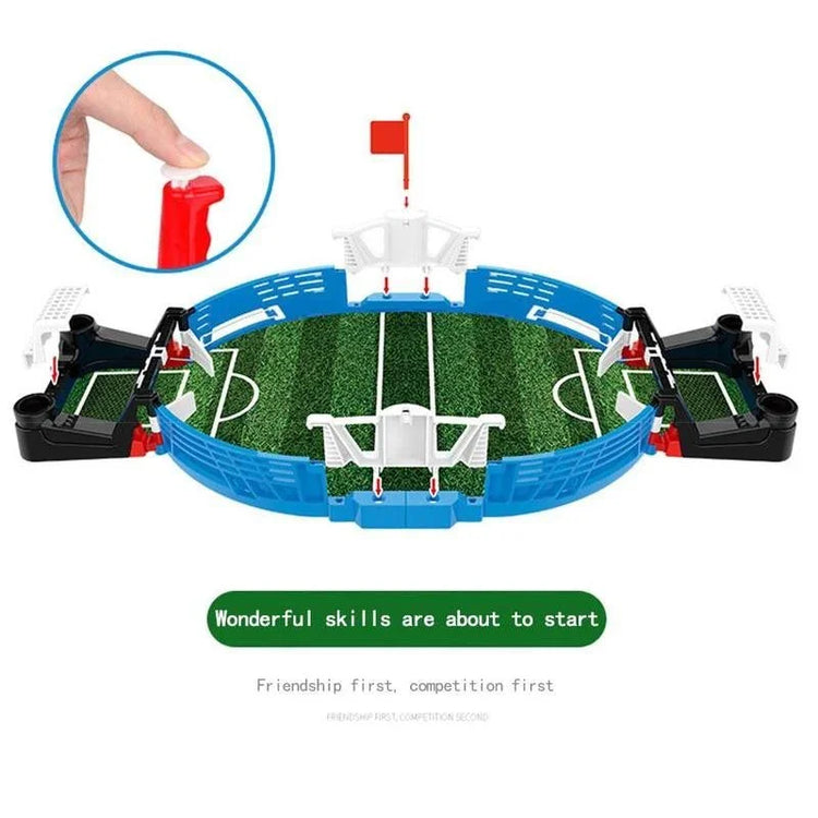 Mini tabletop soccer game set with green field, goals, and push-button controls