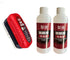 Red and black cleaning sponge with two bottles of oil film eraser liquid for surfaces