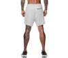 Light gray athletic shorts with zip pocket, relaxed fit, worn by tattooed model with black sneakers