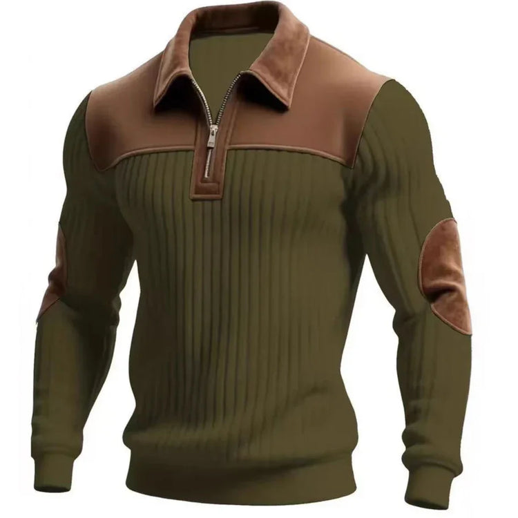 Olive green ribbed pullover sweater with brown faux suede accents and quarter zip, slim fit.