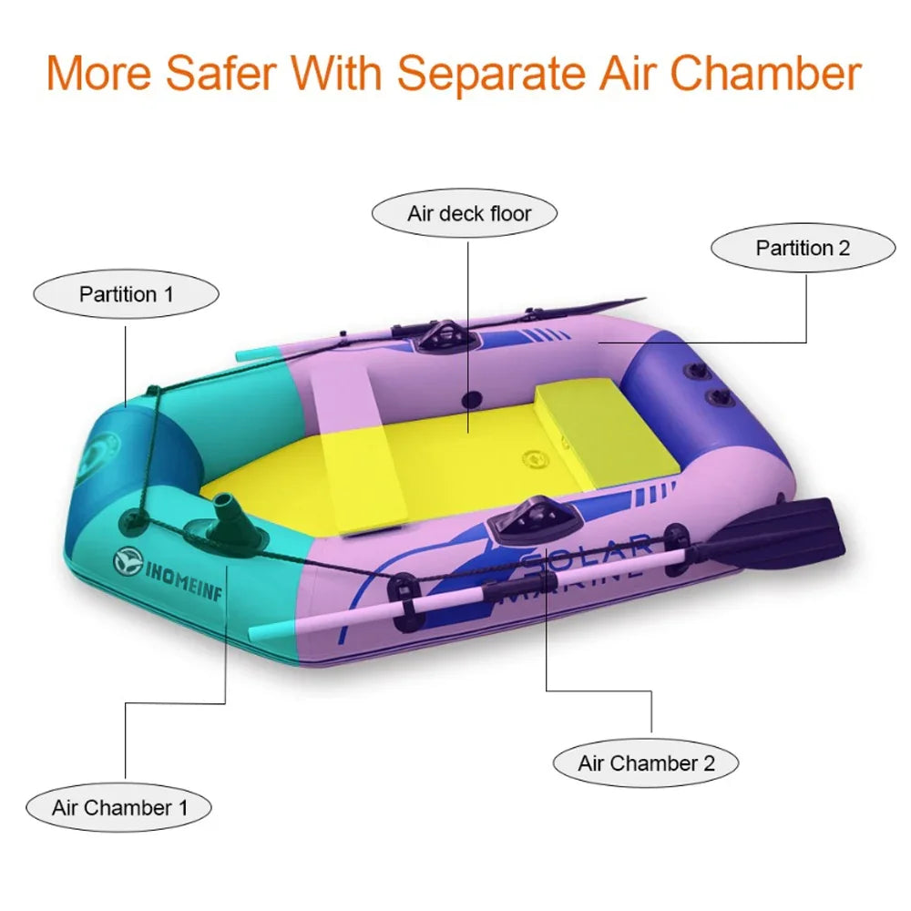 Colorful inflatable boat with separate air chambers, air deck floor, and labeled partitions.