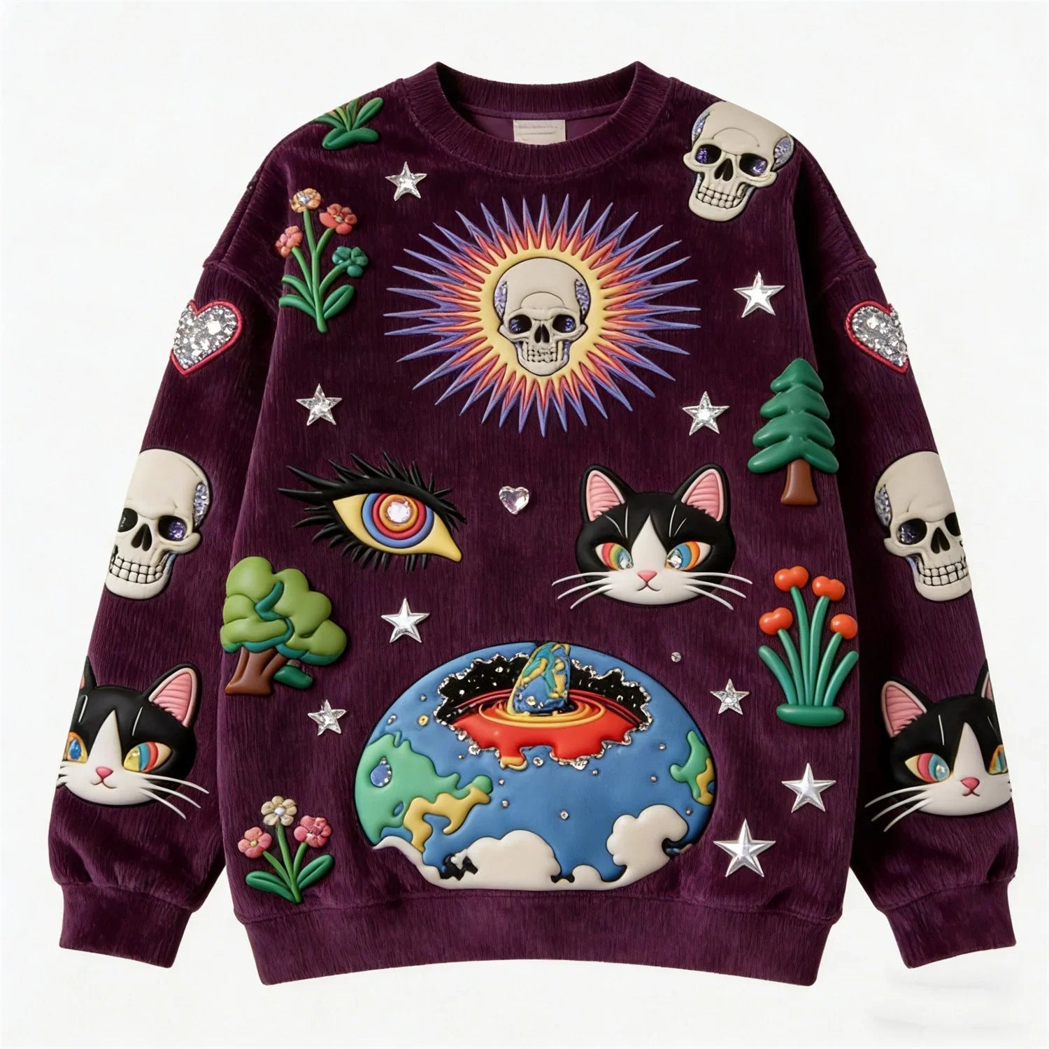 Purple oversized sweatshirt with colorful embroidered skulls, cats, eyes, stars, and earth graphics