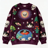 Purple oversized sweatshirt with colorful embroidered skulls, cats, eyes, stars, and earth graphics