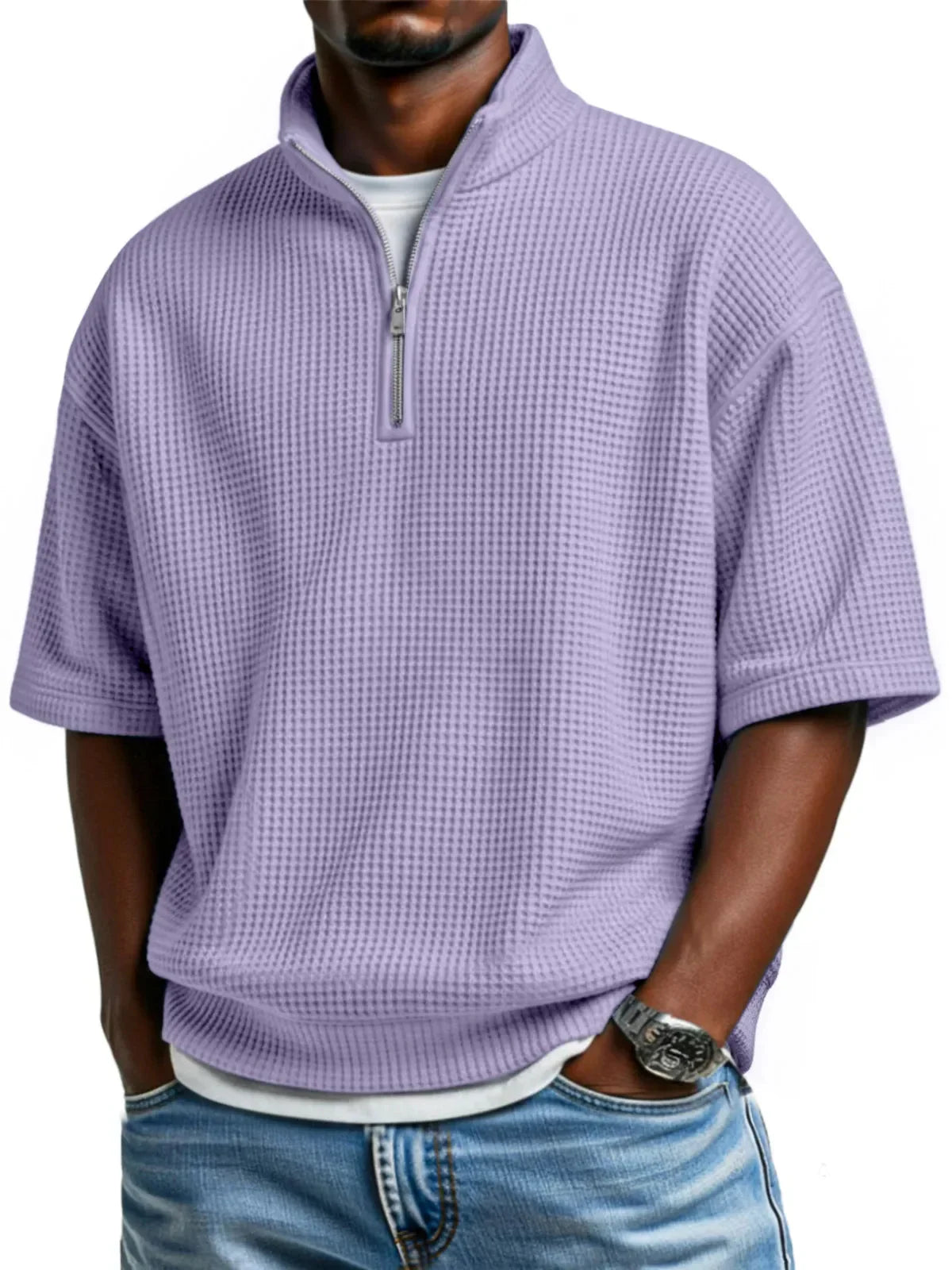 Lavender waffle knit short-sleeve pullover with half-zip, relaxed fit, casual streetwear style.
