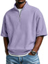Lavender waffle knit short-sleeve pullover with half-zip, relaxed fit, casual streetwear style.