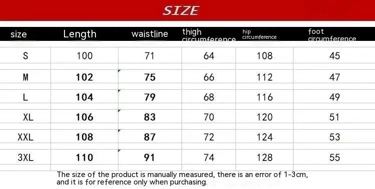 Unisex streetwear pants size chart with measurements for waist, thigh, hip, and foot circumference.