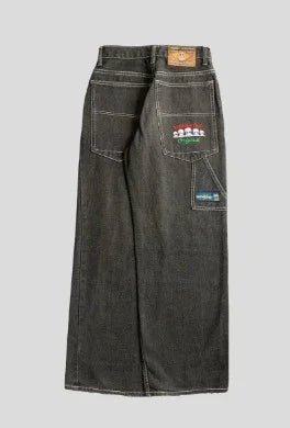 Wide-leg black denim jeans with contrast stitching and colorful embroidered patches on back pockets.