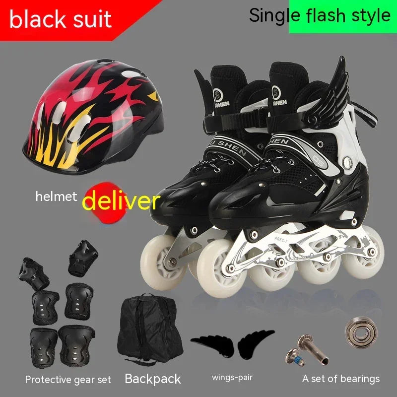 Black and white inline skates set with protective gear, flame helmet, backpack, and spare bearings.