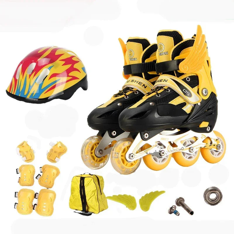 Yellow and black rollerblades set with matching helmet, pads, and carry bag