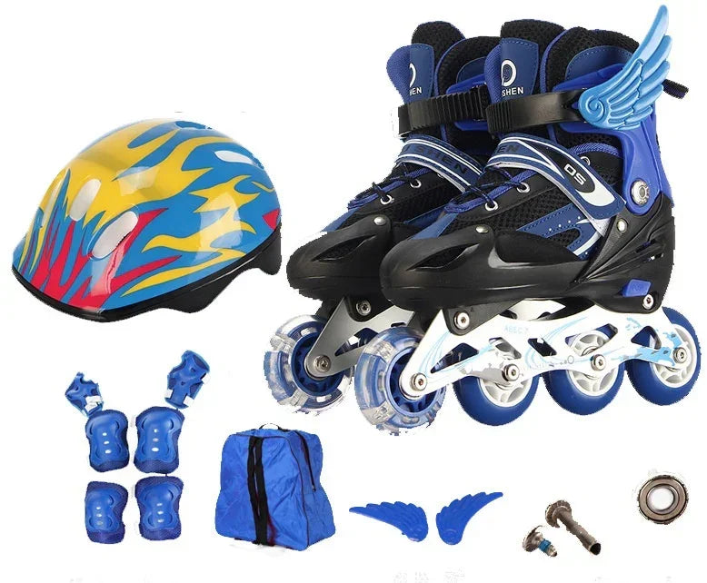 Blue inline roller skates set with helmet, protective pads, backpack, and accessories.