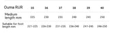 Shoe size chart for Ouma RUR, showing sizes 35 to 40 with medium length and foot length in millimeters.