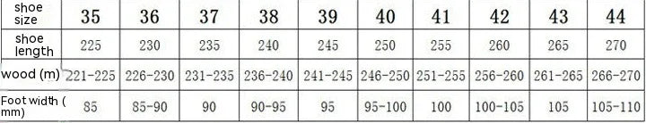 Shoe size chart with sizes 35 to 44, showing shoe length, wood length, and foot width in mm.