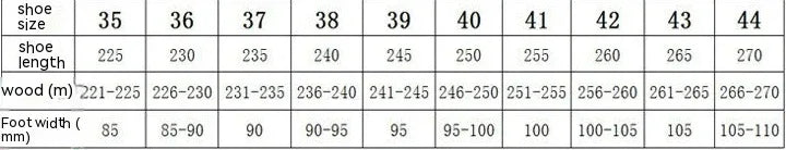 Shoe size chart with sizes 35 to 44, showing shoe length, wood length, and foot width in mm.