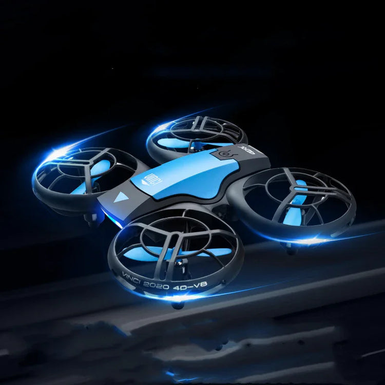 Blue and black quadcopter drone with LED lights, flying in a dark futuristic setting