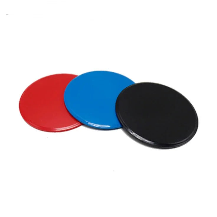 Three round discs in red, blue, and black with a glossy plastic finish