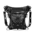 Black faux leather crossbody bag with metal hardware, adjustable strap, and edgy streetwear design