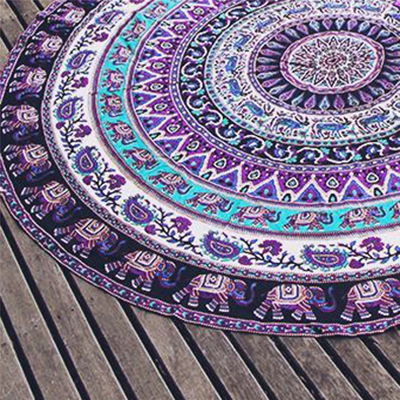 Round mandala tapestry with purple and turquoise patterns, cotton material, boho style.
