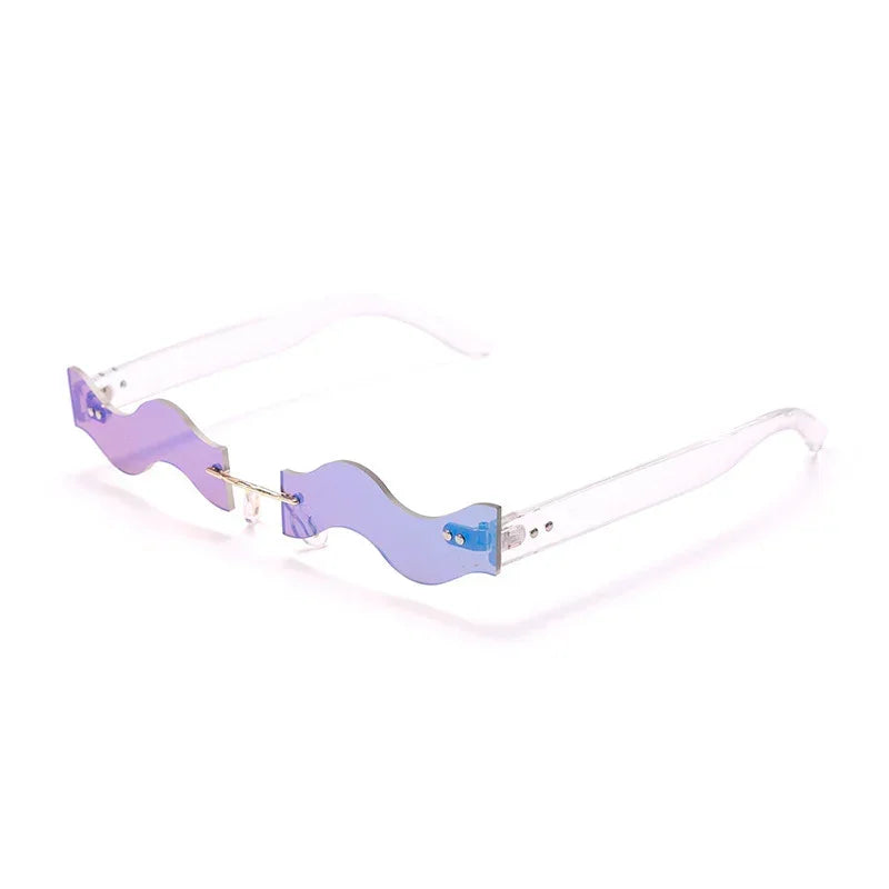 Wavy rimless sunglasses with purple-blue gradient lenses and clear plastic arms