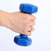 Hand holding a blue hexagonal dumbbell, smooth surface, close fit grip