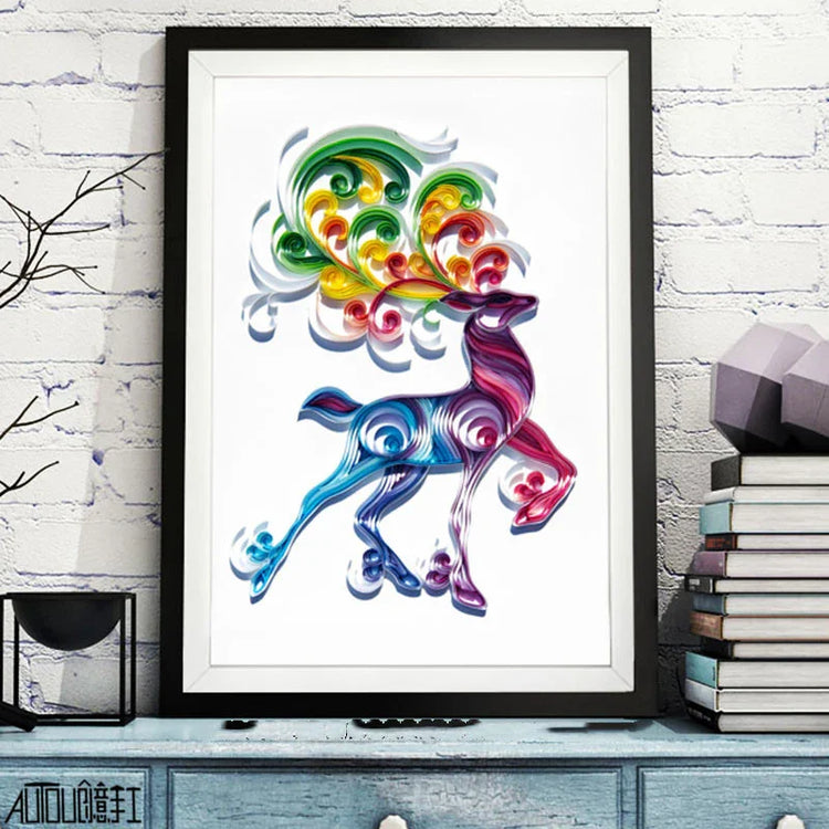 Colorful abstract deer wall art print in black frame on blue wooden dresser