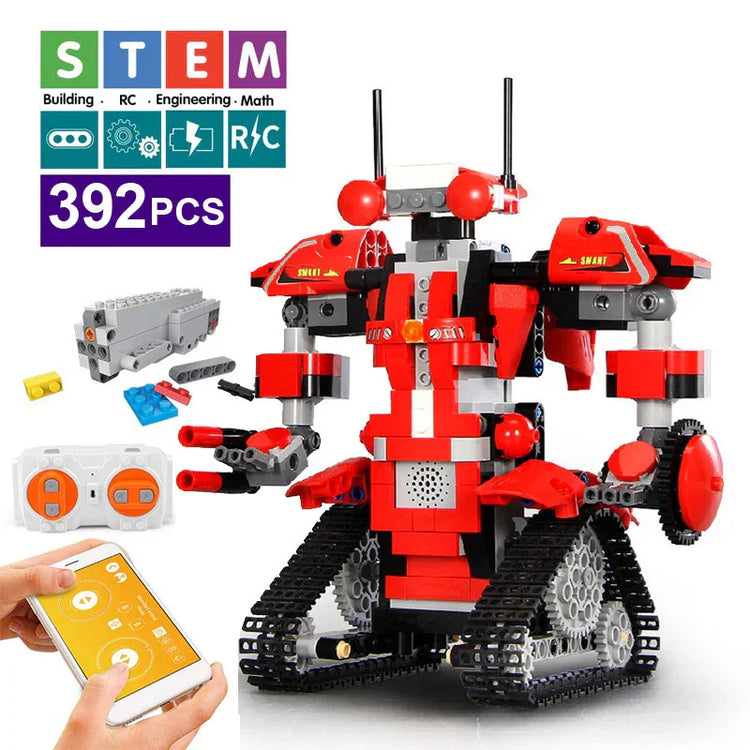 Red and gray remote control robot building kit with rubber tracks, 392 pieces, STEM toy
