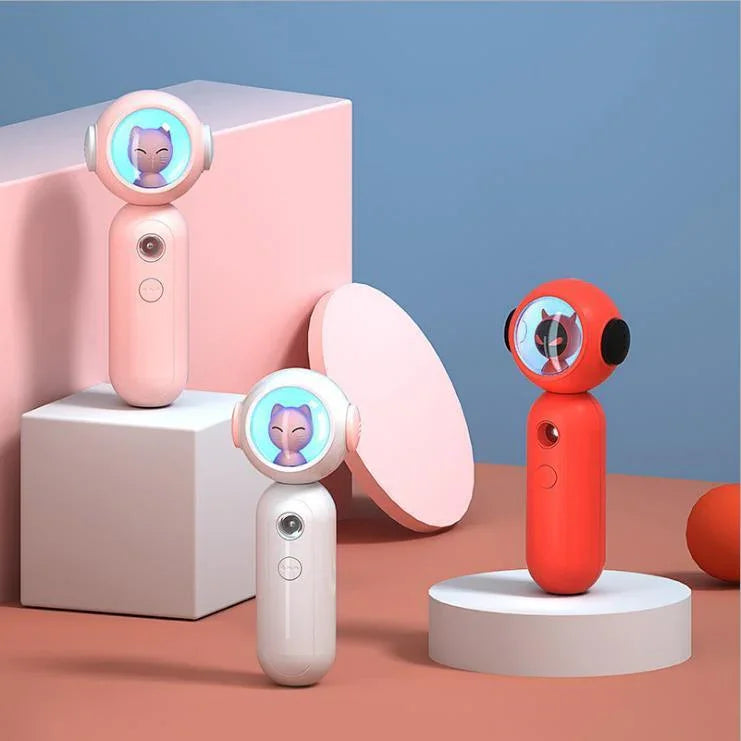 Three handheld mini fans in pink, white, and red with cat-face displays, displayed on podiums.