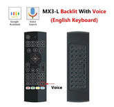 Black wireless remote with backlit English keyboard, voice input, and Google Assistant support