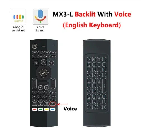Black wireless remote with backlit English keyboard, voice input, and Google Assistant support