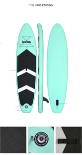 Mint green inflatable paddle board with black non-slip deck and white chevron pattern, lightweight and durable.