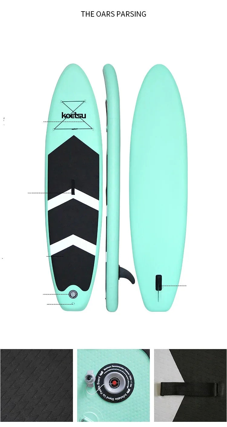 Mint green inflatable paddle board with black non-slip deck and white chevron pattern, lightweight and durable.