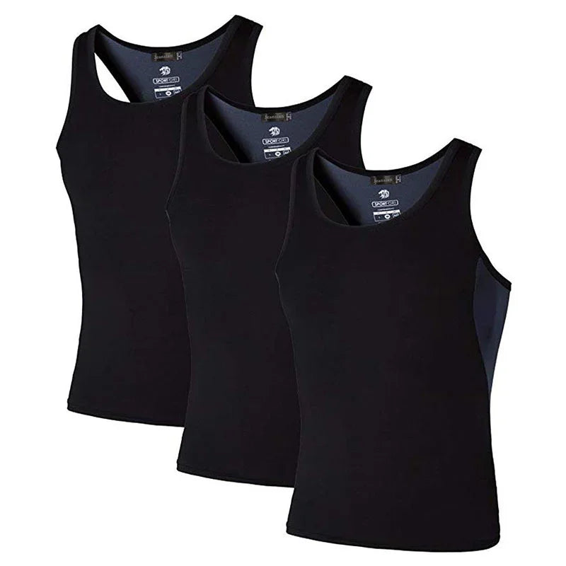 Set of three black fitted sleeveless tank tops, soft cotton material, minimalist style