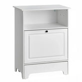 Modern white wooden storage cabinet with open shelf and single pull-out drawer