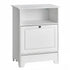 Modern white wooden storage cabinet with open shelf and single pull-out drawer