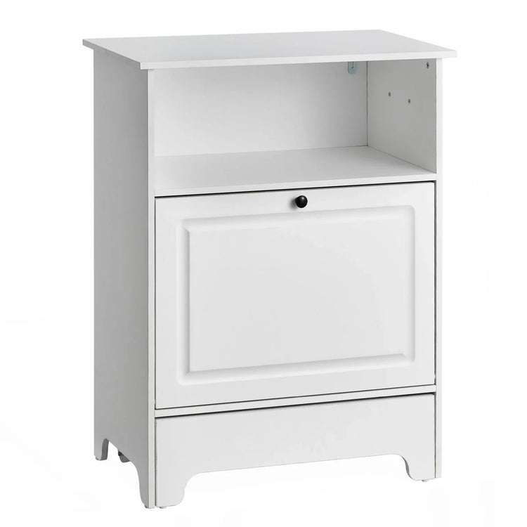 Modern white wooden storage cabinet with open shelf and single pull-out drawer