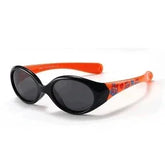 Futuristic oval sunglasses with black frames, orange arms, and dark tinted lenses