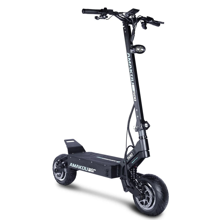 Matte black foldable electric scooter with large tires and sturdy metal frame, side view