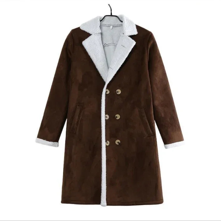 Brown faux suede double-breasted coat with white sherpa lining and relaxed fit
