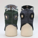 Two hooded pet jackets in green and gray, soft padded material, sleeveless fit, ear holes.