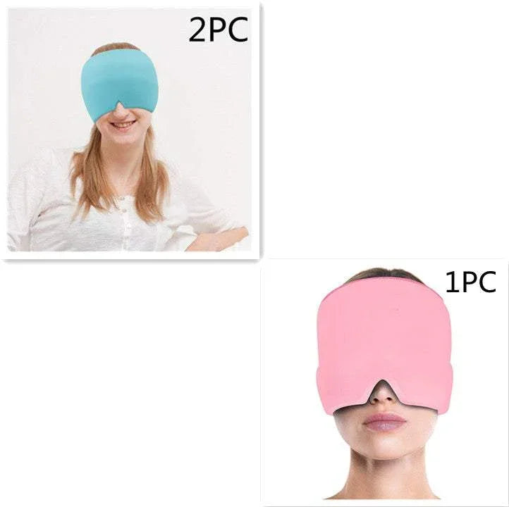 Two people wearing soft, oversized sleep masks in blue and pink for comfort and full eye coverage.